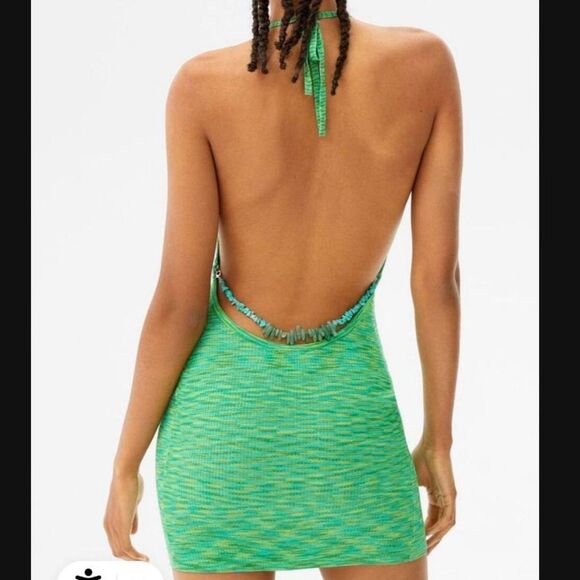 Bershka Green Halter Backless Beaded Mini Dress - Picture 1 of 5